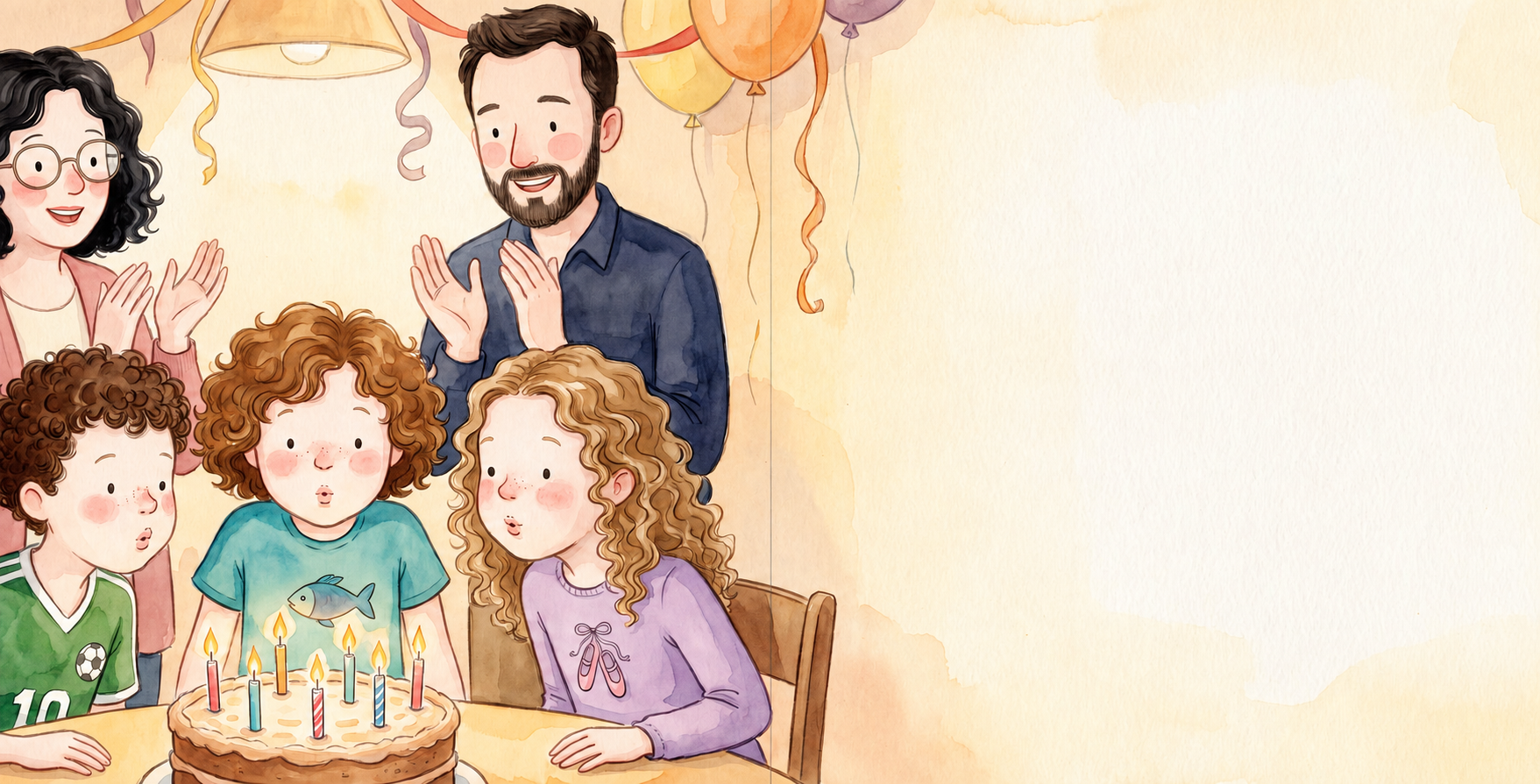 Watercolour illustration of Christina and her brothers gathered around their shared birthday cake